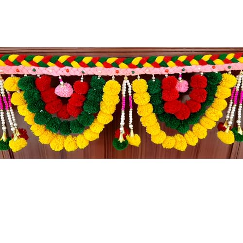 SATVIK CREATIONS Door Toran Garland - Traditional Diwali Decoration with Pom Poms, Red Yellow Green Hanging, Festive Indian Home Decor, 3ft - Image 5