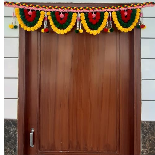 SATVIK CREATIONS Door Toran Garland - Traditional Diwali Decoration with Pom Poms, Red Yellow Green Hanging, Festive Indian Home Decor, 3ft - Image 1