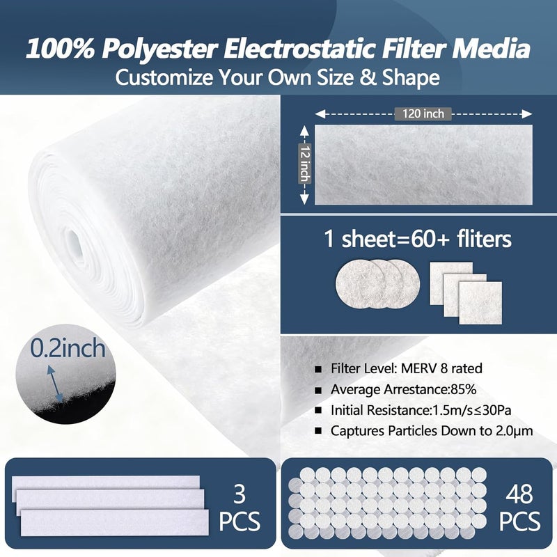 Demiwise Air Vent Filters,12"x120"Cut to Fit Air Filter Material (60+Filters),MERV 8 Electrostatic Air Vent Filter for Home Floor, Grilles, Ceiling, HVAC Furnace Vents, With 48PCs Adhesive Hook Tape - Image 3