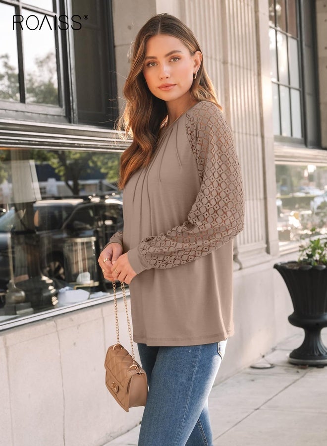 رويس قمصان نسائية بأكمام طويلة، بلوزات دانتيل، ملابس عمل كاجوال، أزياء خريفية، ملابس محبوكة، بلوزات Y2K، أكمام فانوس فضفاضة، قمصان بياقة دائرية للسيدات - Image 3