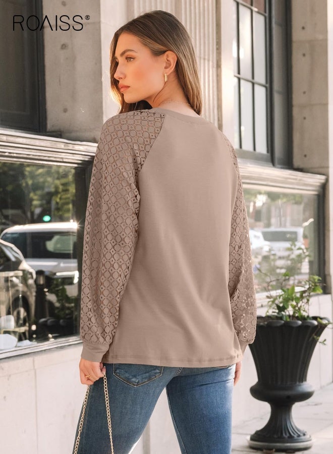 رويس قمصان نسائية بأكمام طويلة، بلوزات دانتيل، ملابس عمل كاجوال، أزياء خريفية، ملابس محبوكة، بلوزات Y2K، أكمام فانوس فضفاضة، قمصان بياقة دائرية للسيدات - Image 4
