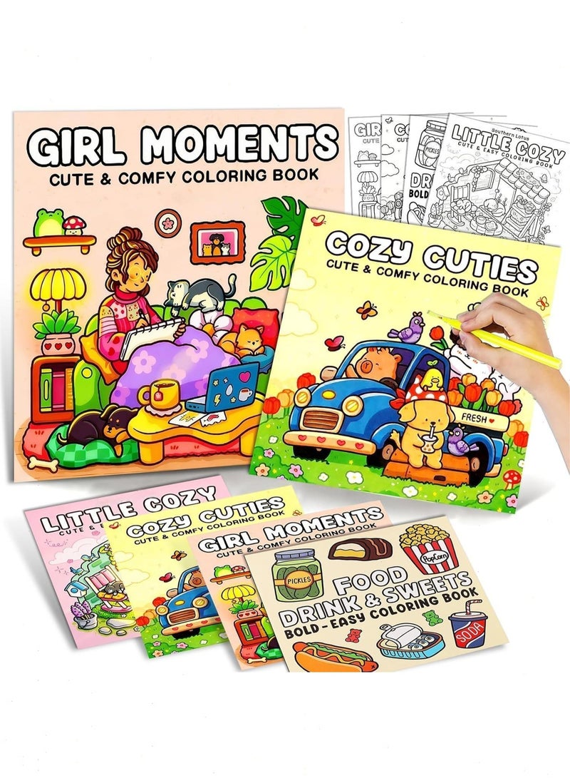 Pomefar 4pcs Coloring Book for Teens & Adults Square Art Coloring Book, Super Cute Animal or Goods Characters for Relaxation & Stress Relief - Image 1