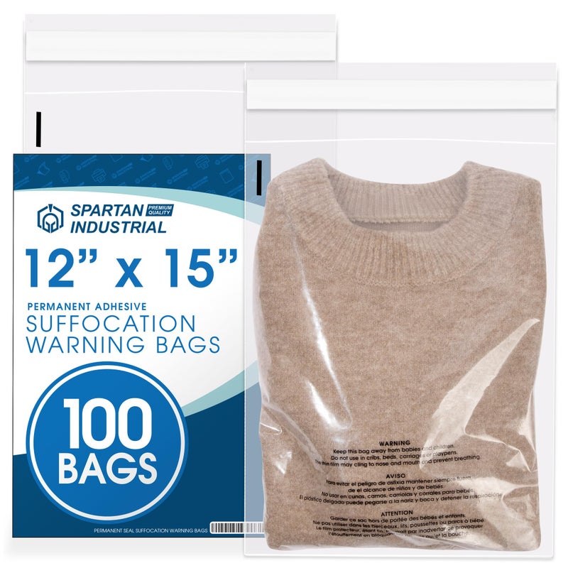 Spartan Industrial Spartan Industrial  12 X 15 100 Count Self Seal Clear Poly Bags with Suffocation Warning for Packaging T Shirts  Shipping  Permanent Adhesive