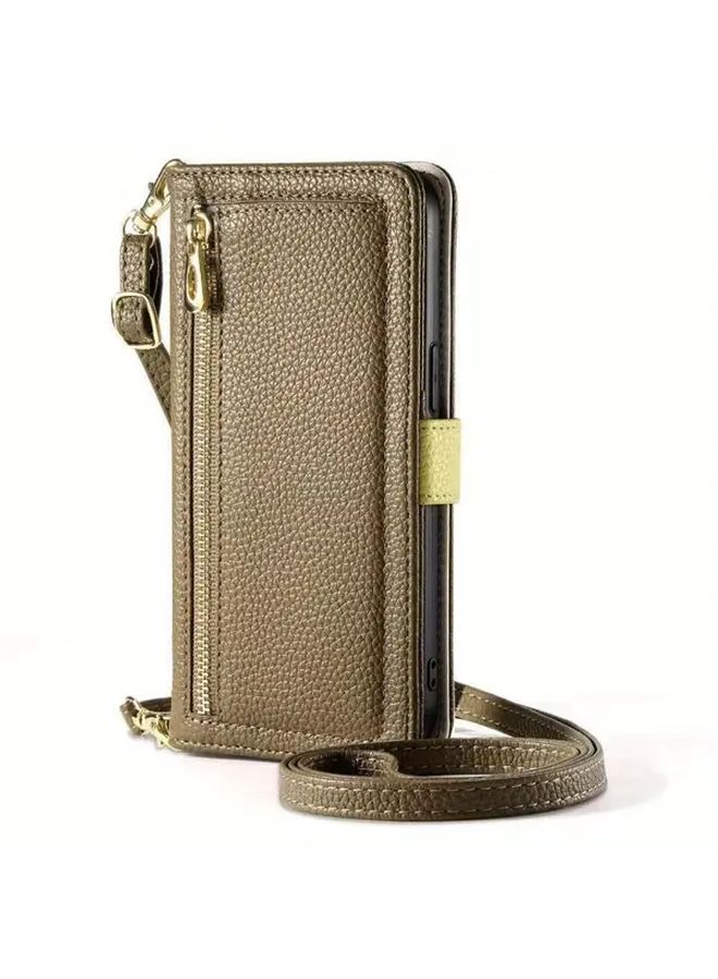 Brown Lychee Pattern Crossbody Zip Wallet With Straps For Google Pixel 7a - Image 1