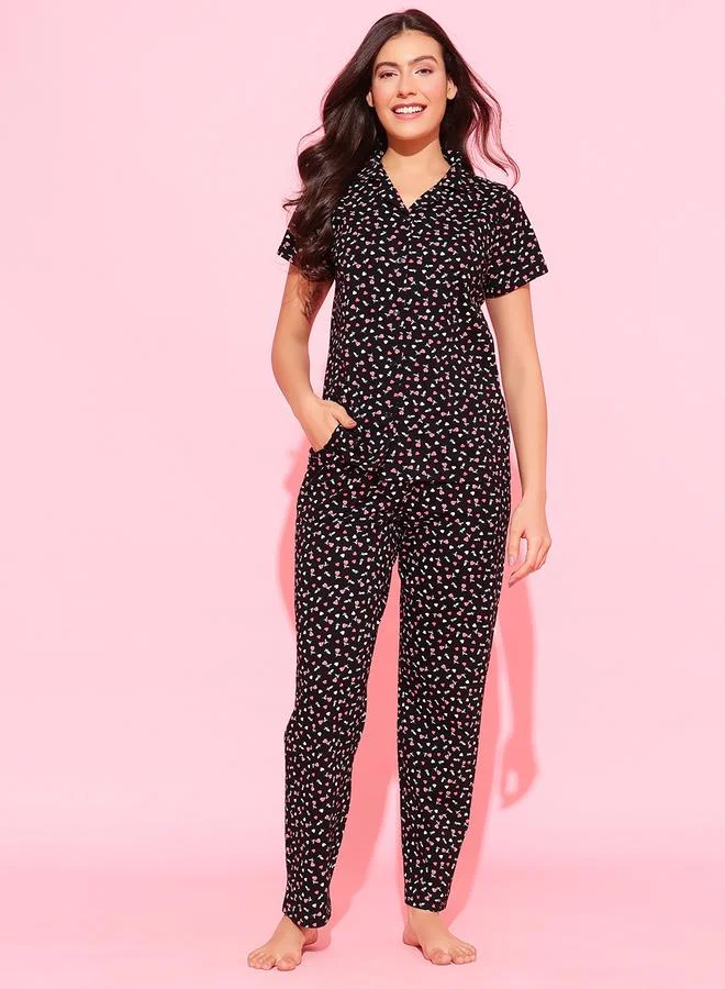 Clovia  Black All Over Floral Print Shirt and Pants Pyjama Set for Women | Best Price UAE
