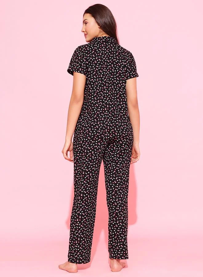 Clovia  Black All Over Floral Print Shirt and Pants Pyjama Set for Women | Best Price UAE