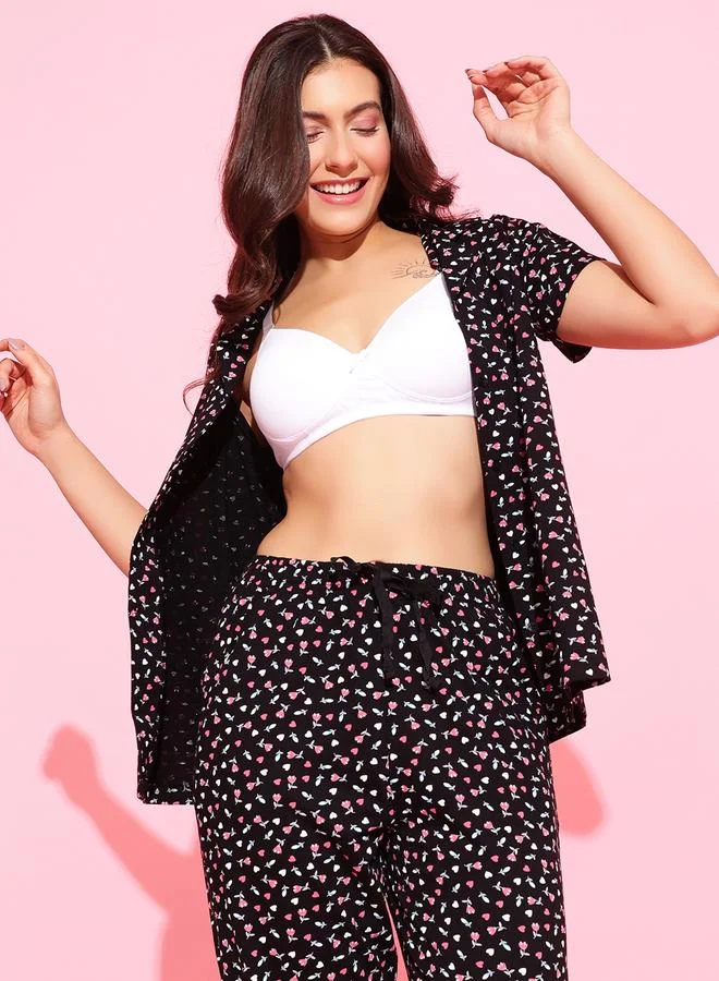 كلوفيا Black All Over Floral Print Shirt and Pants Pyjama Set