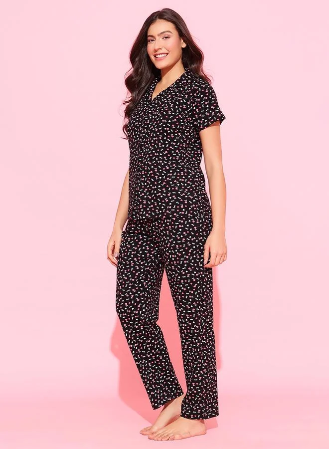 Clovia  Black All Over Floral Print Shirt and Pants Pyjama Set for Women | Best Price UAE