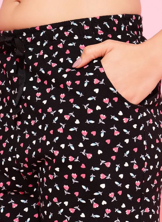 كلوفيا Black All Over Floral Print Shirt and Pants Pyjama Set
