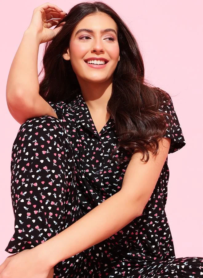 Clovia  Black All Over Floral Print Shirt and Pants Pyjama Set for Women | Best Price UAE