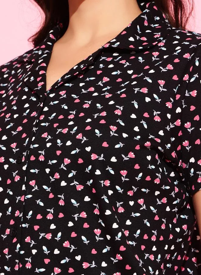 Clovia  Black All Over Floral Print Shirt and Pants Pyjama Set for Women | Best Price UAE