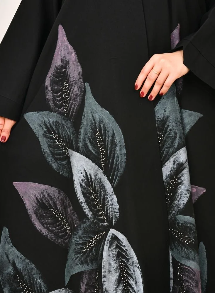 lamha abaya Black wrap abaya with raised prints