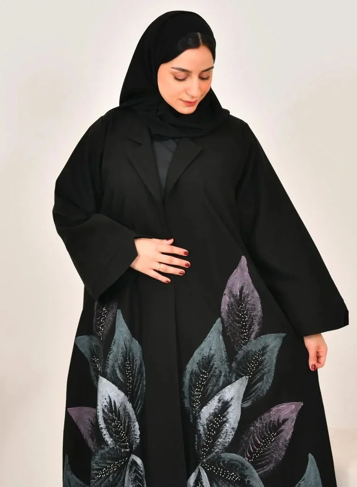 lamha abaya Black wrap abaya with raised prints