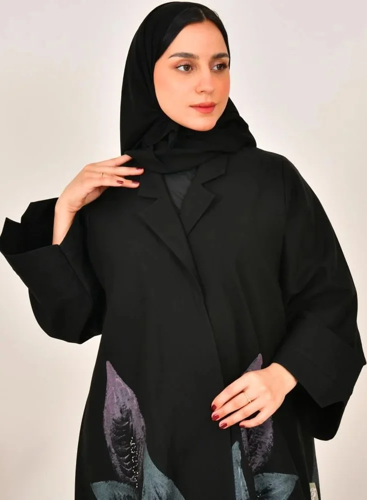 lamha abaya Black wrap abaya with raised prints