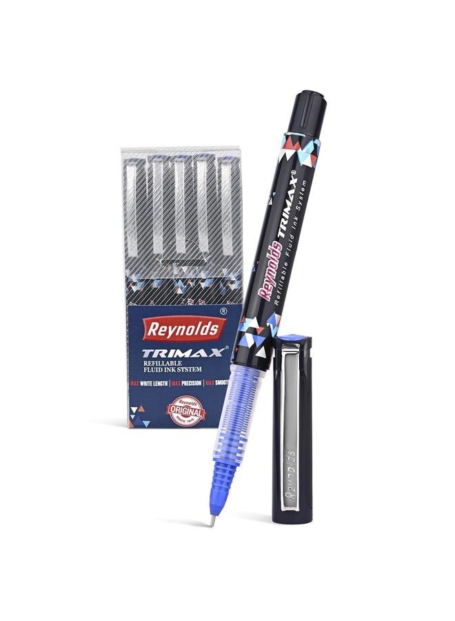 Reynolds TRIMAX BLUE - 5 COUNT | Roller Ball Ink Pen set With Comfortable Grip | Pens For Writing | School and Office Stationery | 0.5mm Tip - Image 1