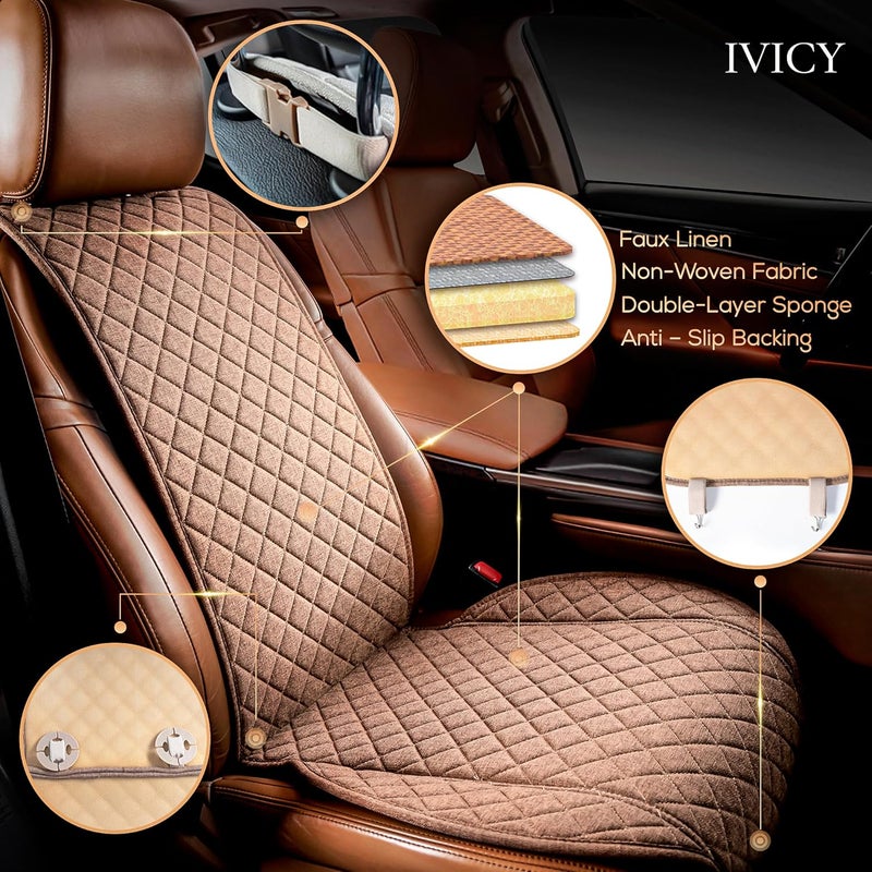 IVICY غطاء مقعد السيارة الكتاني من لجميع الفصول، ناعم وقابل للتنفس، أغطية أمامية فاخرة مع حماية مانعة للانزلاق، مناسب عالميًا لمعظم السيارات والفانات وسيارات الدفع الرباعي والشاحنات - وحدة واحدة - Image 2