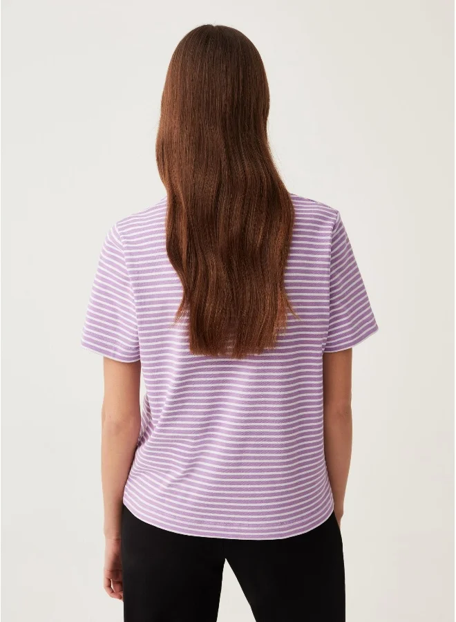 او في اس Ovs Striped Cotton T-Shirt With Round Neck