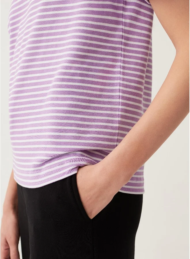 او في اس Ovs Striped Cotton T-Shirt With Round Neck