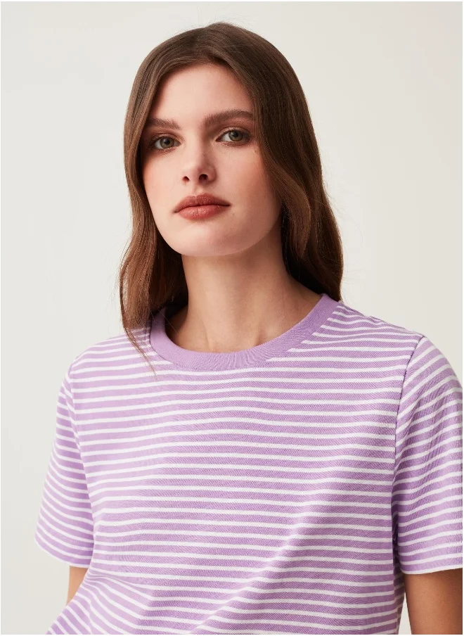 او في اس Ovs Striped Cotton T-Shirt With Round Neck
