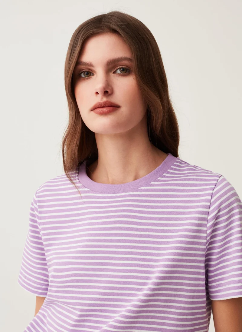 او في اس Ovs Striped Cotton T-Shirt With Round Neck