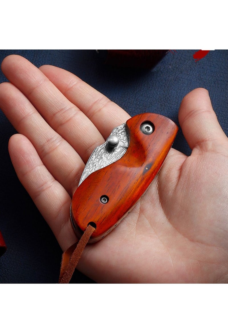 Astylway - Mini Pocket Knife Red Sandalwood Modern Damascus Steel Knife Liner Lock Folding Knife - Image 1