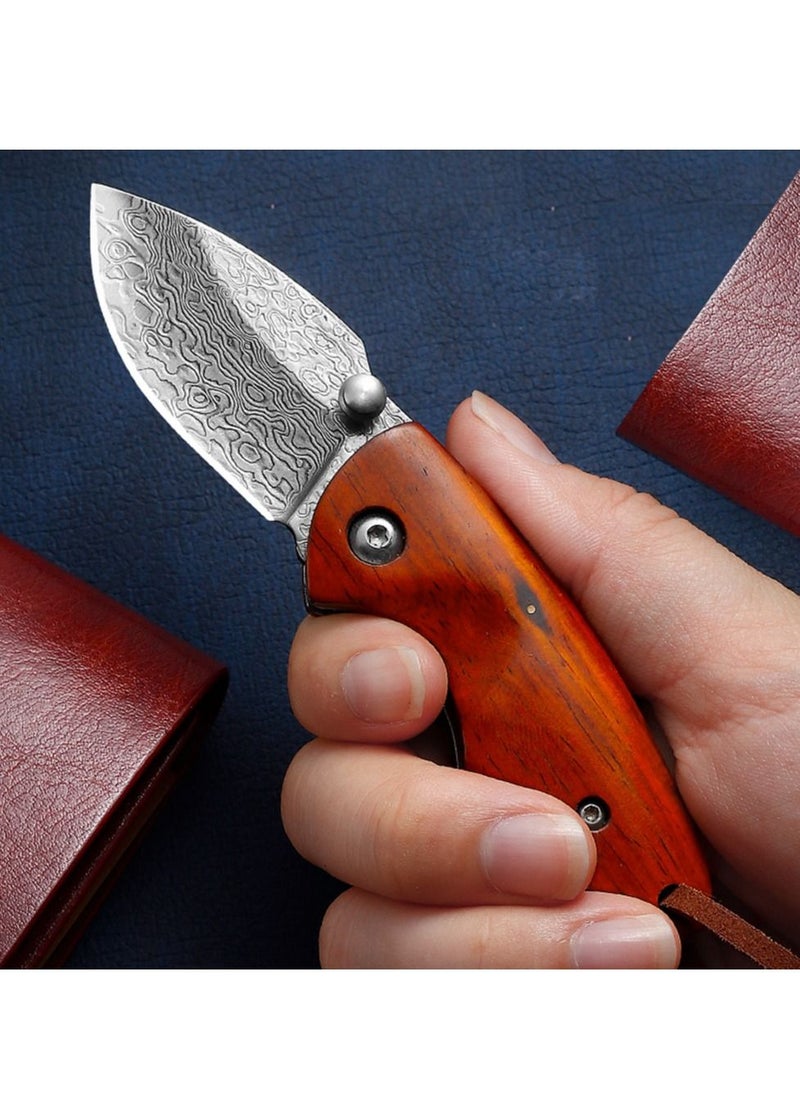 Astylway - Mini Pocket Knife Red Sandalwood Modern Damascus Steel Knife Liner Lock Folding Knife - Image 1