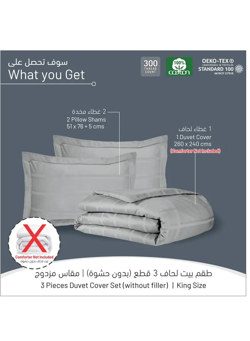 Donetella 3 Piece Hotel Style Duvet Cover 100% Cotton 300 Thread Count Hotel Satin Striped King Size (Without Insert)Grey