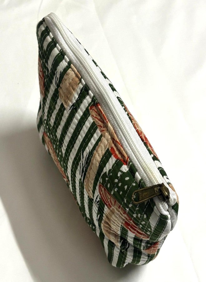 Bumbleberry Set of 1 Jaipur Textiles Multipurpose Quilted Pouch I Travel Organiser Kit I Pure Cotton I Waterproof Inner Linning | Hand-Block Printed I Green I Beautiful Mushroom Design Pattern - Image 3