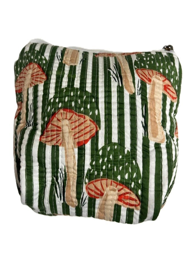 Bumbleberry Set of 1 Jaipur Textiles Multipurpose Quilted Pouch I Travel Organiser Kit I Pure Cotton I Waterproof Inner Linning | Hand-Block Printed I Green I Beautiful Mushroom Design Pattern - Image 2