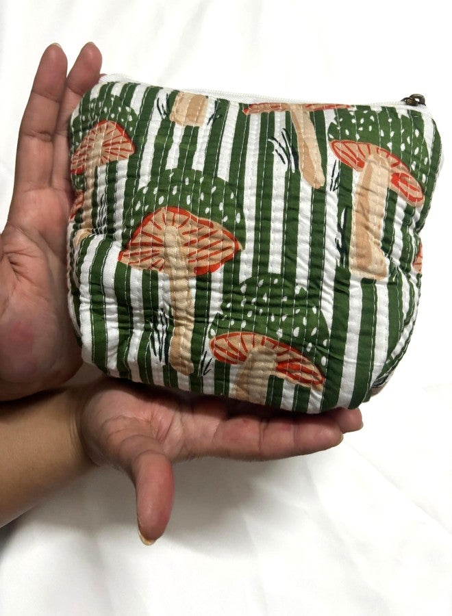 Bumbleberry Set of 1 Jaipur Textiles Multipurpose Quilted Pouch I Travel Organiser Kit I Pure Cotton I Waterproof Inner Linning | Hand-Block Printed I Green I Beautiful Mushroom Design Pattern - Image 5