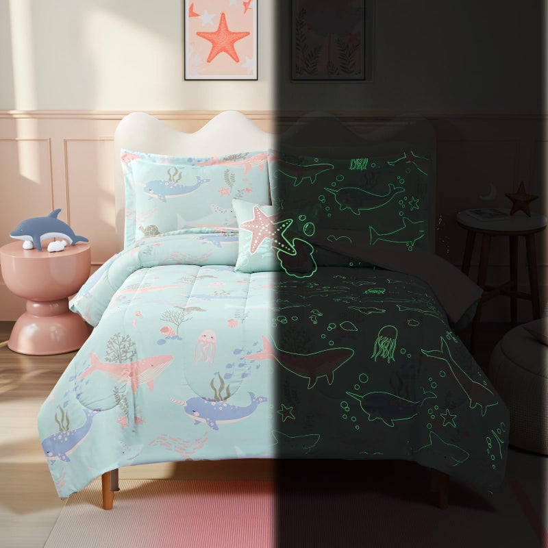 Kaleido Space Glow in The Dark Kids Comforter Set Full Size for Girls, Ocean Animals Bedding Set 1 Comforter, 1 Decor Pillow, 2 Pillow Shams - Image 1