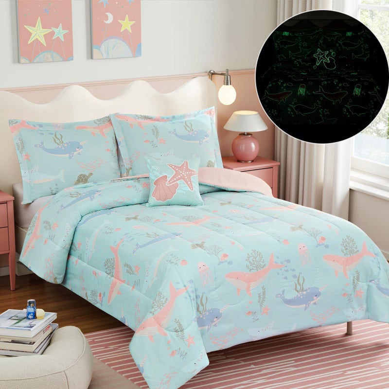 Kaleido Space Glow in The Dark Kids Comforter Set Full Size for Girls, Ocean Animals Bedding Set 1 Comforter, 1 Decor Pillow, 2 Pillow Shams - Image 2