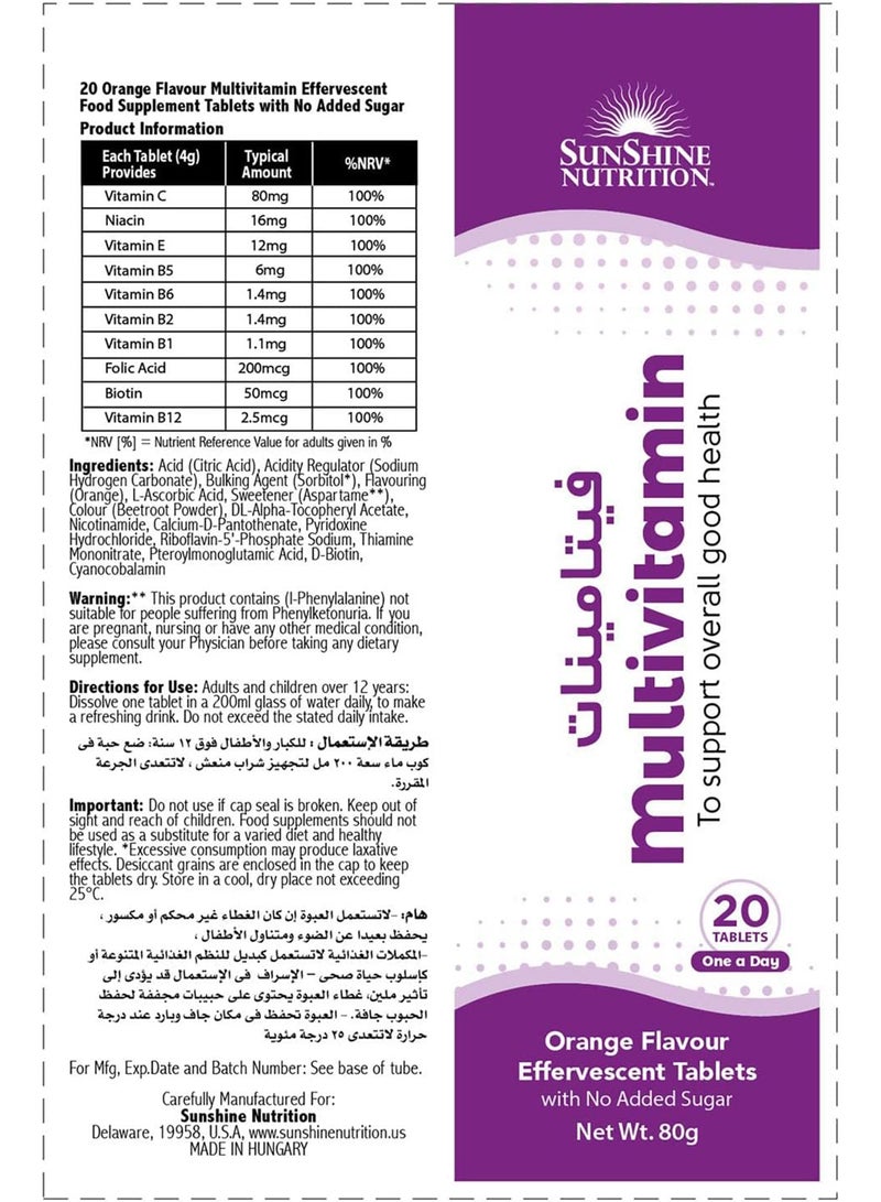 SUNSHINE NUTRITION أقراص فوارة متعددة الفيتامينات 10 فيتامينات أساسية مكمل غذائي يدعم الصحة العامة 20 قرصًا 80 جرامًا - Image 2