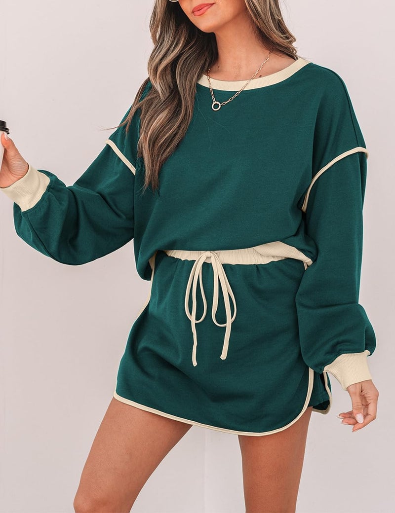 Ecosunny 2 Piece Sets for Women Tracksuit Sweatshirt Casual Waist Skirted Skorts Matching Set Lounge Wear Sweat Suit Evergreen M - Image 3