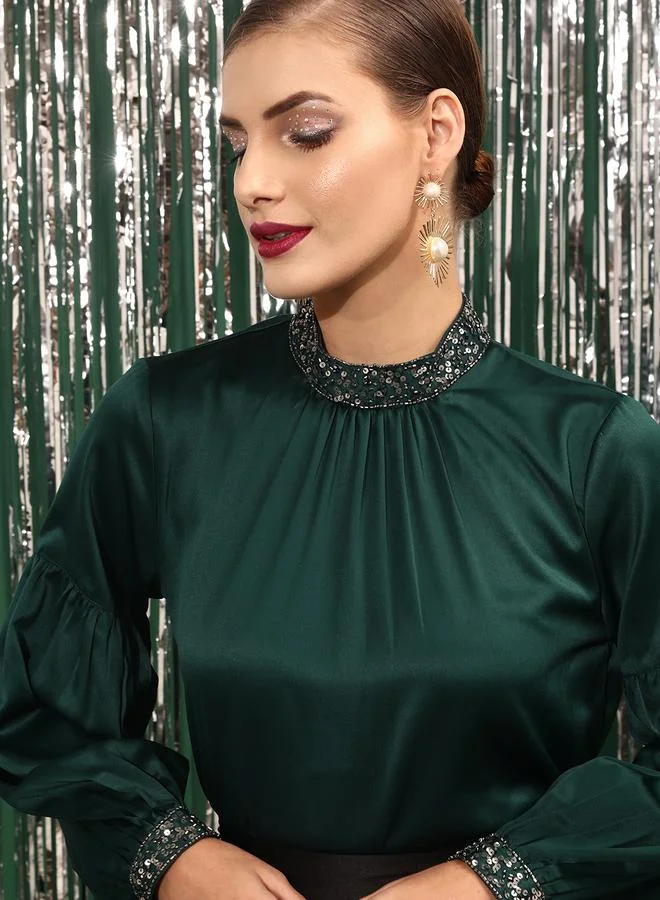 STREET 9 STREET 9 Embellished Satin Balloon Sleeve Top