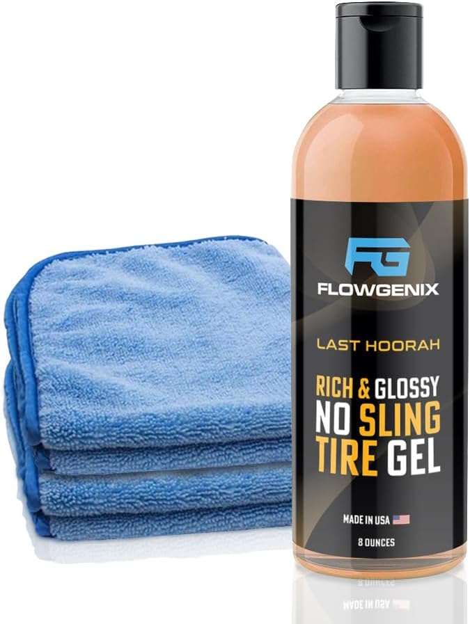 Flowgenix Last Hoorah Tire Shine Gel - Rich & Glossy No Sling Tire Gel (8 oz.) - Includes 2 Professional Detailing Premium Microfiber Towels - Image 1
