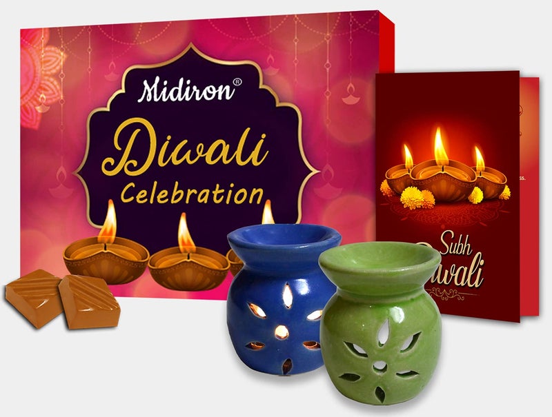Midiron Diwali Gifts Diwali Celebration Diwali Greeting Card Ceramic Candle Diffuser Oil Burner with Tealight Pack3