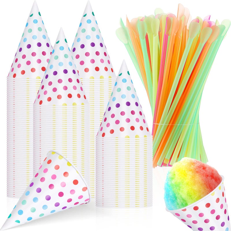 Patelai Disposable Snow Cone Cups and Spoon Straws Set Colored Polka Dot Leakproof Cone Paper Cups and Multicolor Fun Straws For Slush Shaved Ice Cream Sorbet Water 200 Set 45 oz