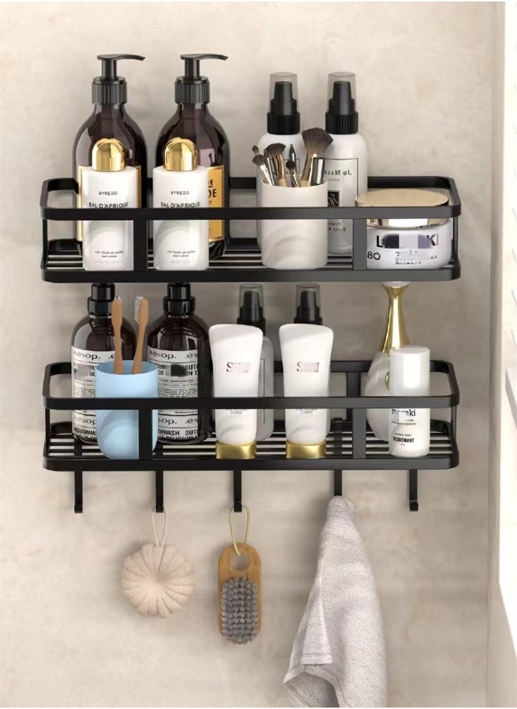 Kutis 2-Piece Bathroom Rack Shower Shampoo Organizer Wall Mounted Storage Rack And Hooks Steel Black 30x12x5.5 Centimeter  - Image 1