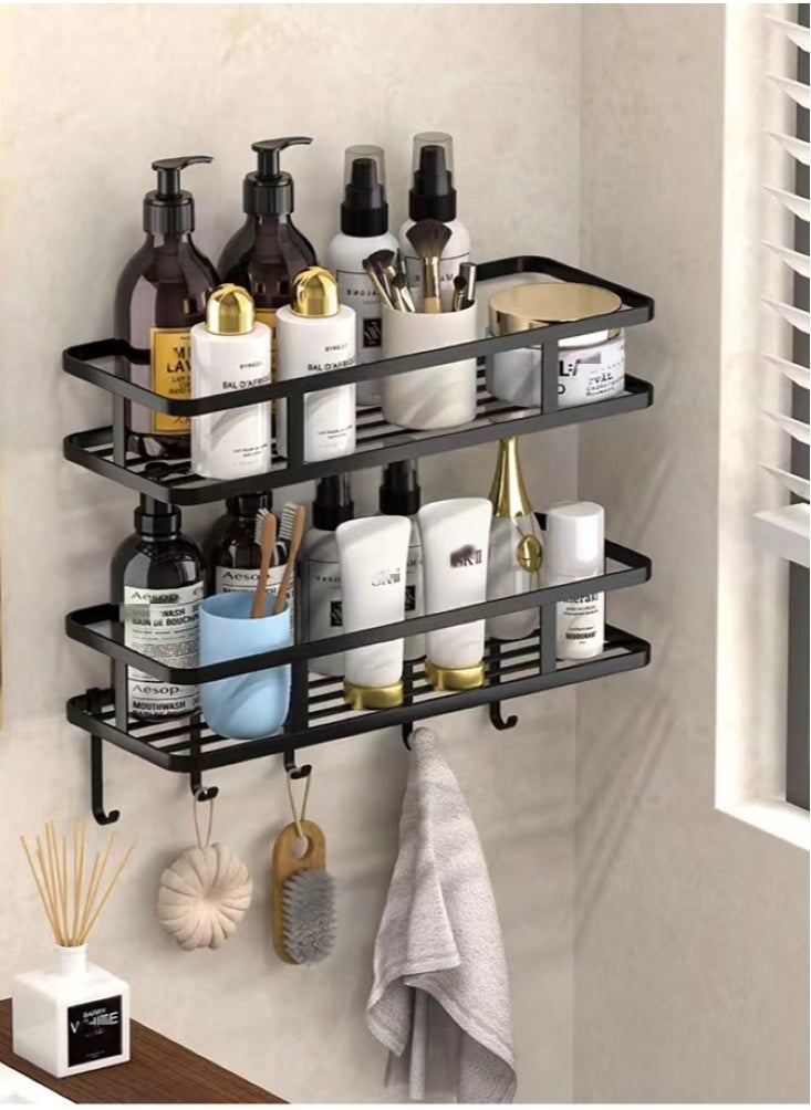 Kutis 2-Piece Bathroom Rack Shower Shampoo Organizer Wall Mounted Storage Rack And Hooks Steel Black 30x12x5.5 Centimeter  - Image 2
