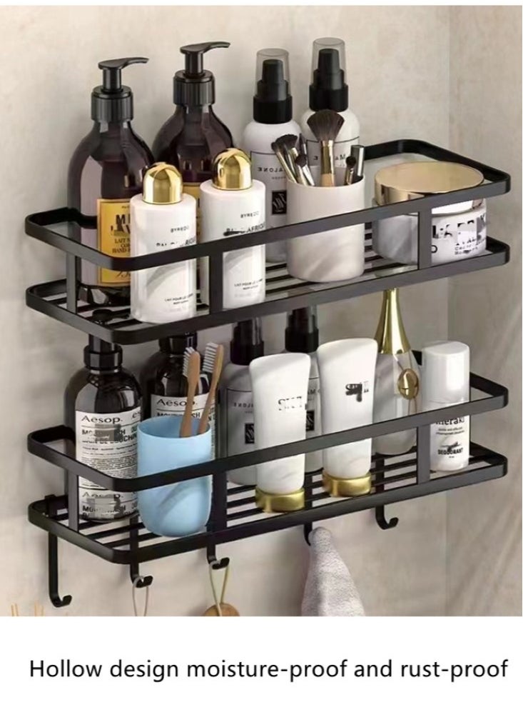 Kutis 2-Piece Bathroom Rack Shower Shampoo Organizer Wall Mounted Storage Rack And Hooks Steel Black 30x12x5.5 Centimeter  - Image 3