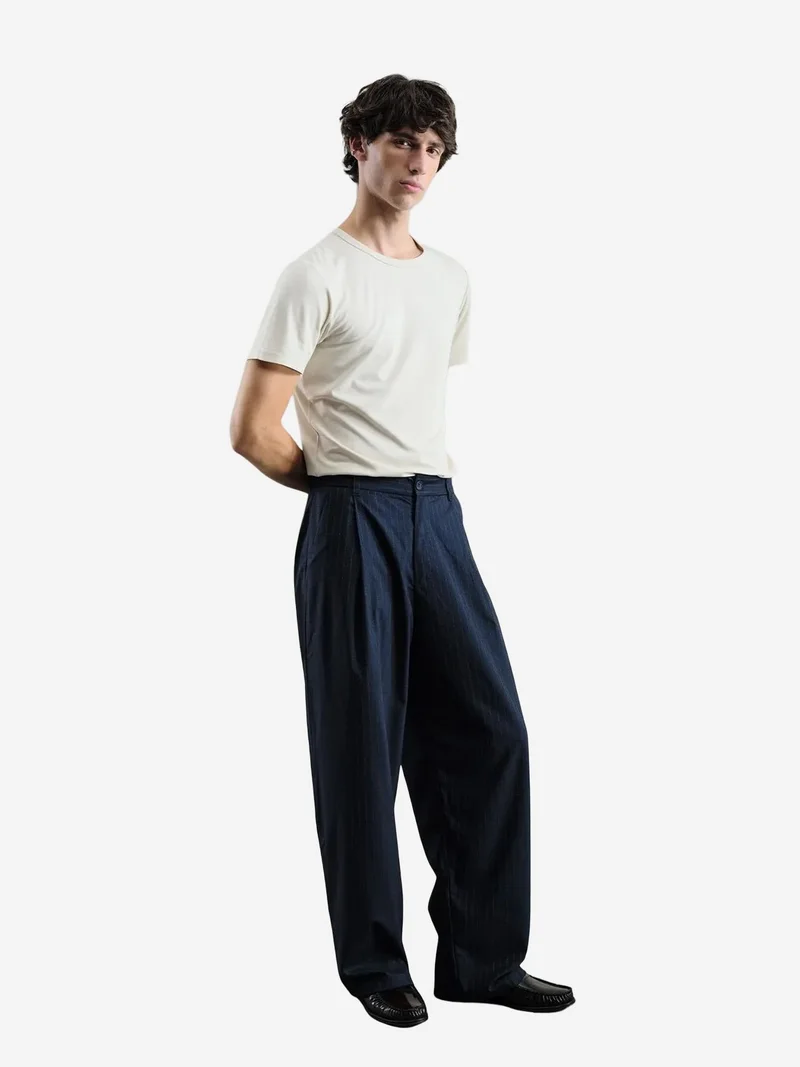 Giesto Navy Blue GIESTO Pleated Striped Gabardine Pants for Men | Best Price UAE