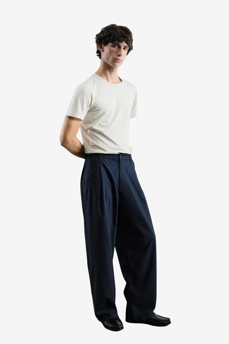 Giesto Navy Blue GIESTO Pleated Striped Gabardine Pants for Men | Best Price UAE