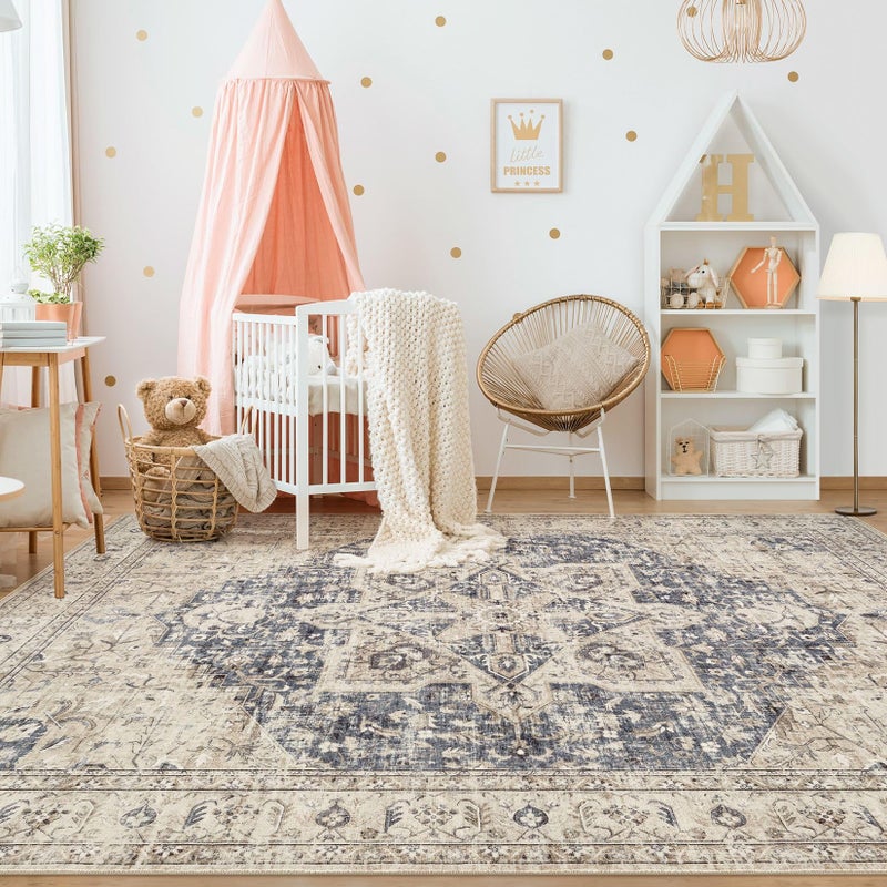 Tortania Area Rug Living Room Rugs - 9x12 Washable Boho Rug Vintage Oriental Distressed Farmhouse Large Thin Indoor Carpet for Living Room Bedroom Under Dining Table Home Office - Cream Blue - Image 3