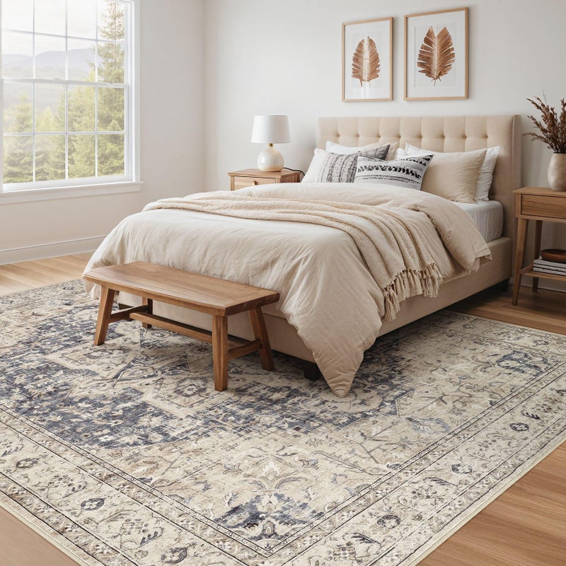 Tortania Area Rug Living Room Rugs - 9x12 Washable Boho Rug Vintage Oriental Distressed Farmhouse Large Thin Indoor Carpet for Living Room Bedroom Under Dining Table Home Office - Cream Blue - Image 2
