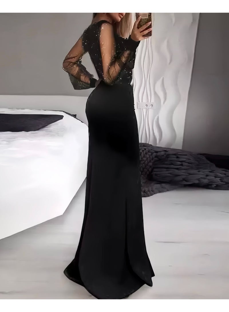 Sellcy Women's Sequin Mesh Sleeve Ruffle Slit Mermaid Gown black color - Image 2