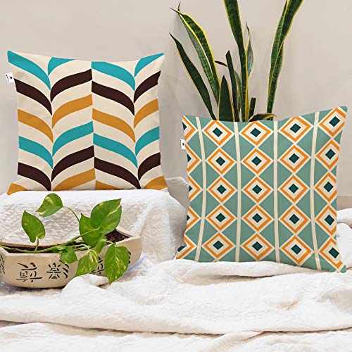 BRICK HOME Set of 2 Polycotton Printed Cushion Covers 24x24 Inches | Geometric Triangle & Diamond Pattern | Teal, Mustard, Brown & Beige | Soft Decorative Pillow Covers for Sofa, Couch & Living Room - Image 1