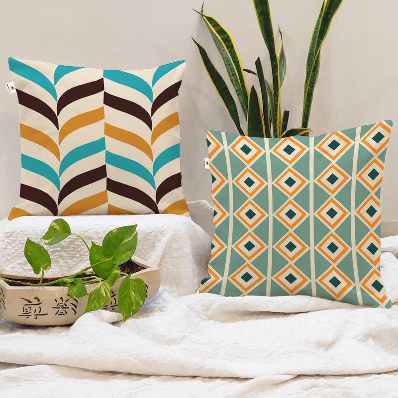 BRICK HOME Set of 2 Polycotton Printed Cushion Covers 24x24 Inches | Geometric Triangle & Diamond Pattern | Teal, Mustard, Brown & Beige | Soft Decorative Pillow Covers for Sofa, Couch & Living Room - Image 5