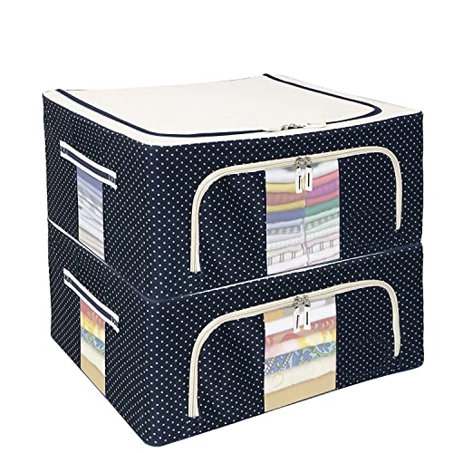 FLYNGO Foldable Steel Frame Clothes Organizer Storage Box For Wardrobe, Saree, Shirts, And Blankets (44 Ltr - Pack Of 2, Oxford Fabric), Blue - Image 1