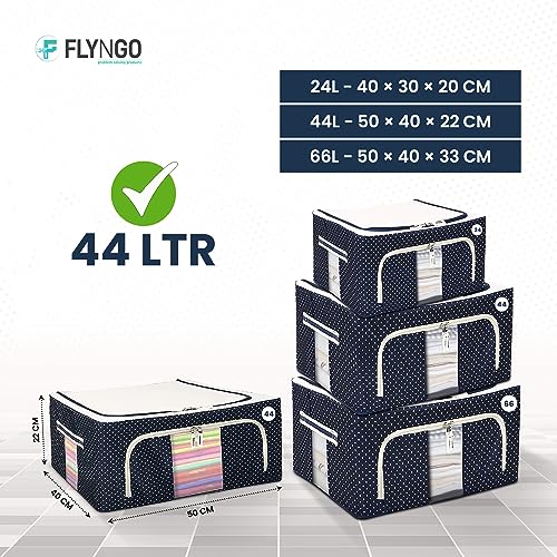 FLYNGO Foldable Steel Frame Clothes Organizer Storage Box For Wardrobe, Saree, Shirts, And Blankets (44 Ltr - Pack Of 2, Oxford Fabric), Blue - Image 3